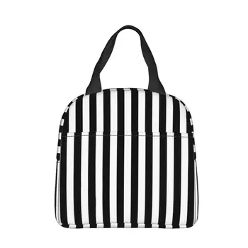 Черно-белая Изолированная сумка для ланча в полоску, женская детская сумка-холодильник, Термос, портативный ланч-бокс, сумка-тоут со льдом  2
