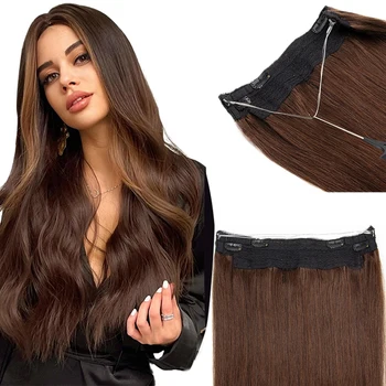 # 4 Темно-коричневая леска для наращивания волос, Невидимая заколка для наращивания человеческих волос, 4 зажима из настоящих натуральных волос 12-24 дюйма  5
