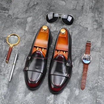 Новая роскошная брендовая мужская социальная обувь, черно-коричневая мужская обувь с монашеским ремешком, модная кожаная обувь, мужская популярная обувь для ходьбы  5