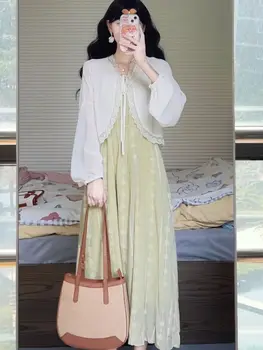 Летний комплект одежды для беременных в Корейском стиле, Кардиганы с длинным рукавом и платье на бретельках, костюмы-двойки, Зелено-белое платье для беременных, костюм  5
