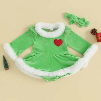 Рождественский комбинезон для новорожденных девочек, зеленый комбинезон в стиле пэчворк с длинными рукавами 