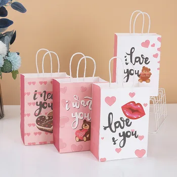 Подарочная упаковка на День Святого Валентина, сумка-тоут, подарочная сумка с мультяшным принтом, коричневый бумажный пакет, портативная подарочная сумка  10