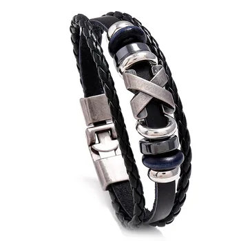 Классический винтажный кожаный браслет с х-образной шпилькой, модный мужской браслет с пряжкой из сплава, украшенный бисером, повседневный белый Коричневый Черный мужской браслет  5