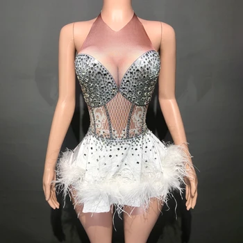 Блестящие стразы, белое платье из страусиных перьев для женщин, сексуальная певица, танцовщица, сценическая одежда, танцевальный костюм для выступлений, клубный наряд  4