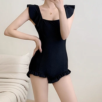 Женский цельный купальник с черным широким ремешком, винтажные мягкие купальники, однотонная женская летняя пляжная одежда в корейском стиле  5