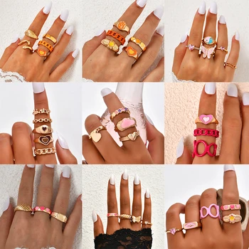 Модный набор красочных геометрических колец-цепочек, кольца сладкого карамельного цвета для женщин, украшения для вечеринок для девочек, подарки  1