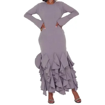 Африканские Платья для Женщин, Элегантные Весенние Платья 2024 Года С Длинным Рукавом И круглым вырезом, Серое Длинное Макси-платье из полиэстера, Африканская Одежда Дашики, S-3XL  5