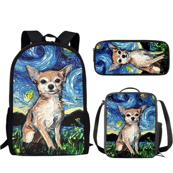 Модный детский рюкзак с принтом милой собачки Чихуахуа, индивидуальность, картина маслом, Большая емкость, 3 шт., школьные сумки для мальчиков и девочек  5