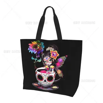 Suger Skull Fairy Красочная Женская сумка для покупок на плечо, сумка для пикника, сумка для супермаркета, Многоразовая сумка для покупок, Эко-сумка  0
