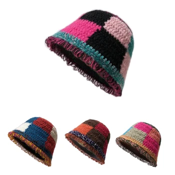 Японские широкополые шляпы контрастного цвета, женская зимняя шерстяная вязаная панама, женская шапочка с бахромой, теплая рыбацкая кепка  10