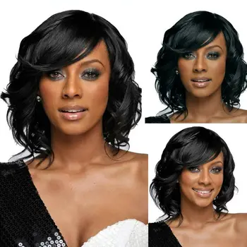 Новые черные женские короткие вьющиеся волосы с косой челкой, модный головной убор из синтетического химического волокна, высокотемпературный шелковый парик  5