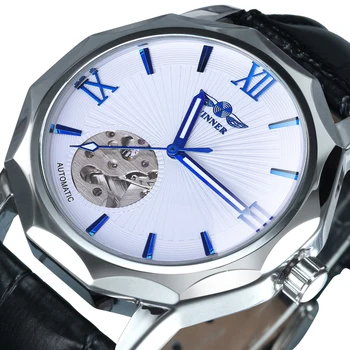 WINNER Dodecagon Skeleton Автоматические Часы Модные Синие Указатели Деловые Механические Мужские Часы Лидирующий Бренд Роскошный Кожаный Ремешок  5