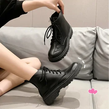 Модные женские ботинки с высоким берцем на шнуровке 2023 года; Классические Черные Матовые женские ботинки; Повседневные спортивные ботинки на платформе; Zapatos De Mujer  5