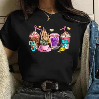 Новая модная женская футболка с рисунком нейл-арта и кофейной чашки, повседневные топы с коротким рукавом, женская летняя одежда, женская уличная одежда  3