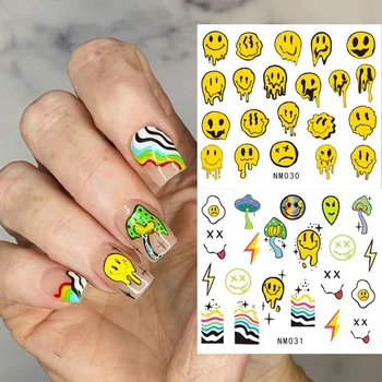 12 рисунков, Желтый слайдер для улыбающегося лица, Переводные наклейки с радужными грибами, наклейка для дизайна ногтей, слайдер для глаз  0