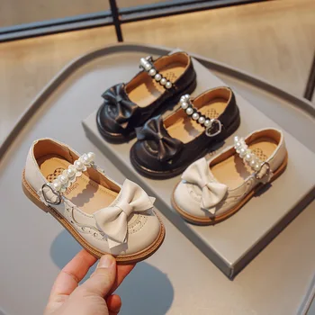 Congme/ Кожаная обувь для девочек от 3 до 10 лет; Обувь на плоской подошве с бантом и жемчугом Для малышей; Милая Обувь принцессы для кукол в Британском стиле; Модельные туфли  4