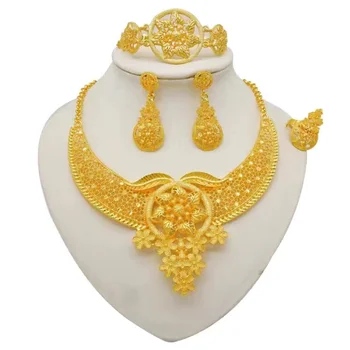 Модное классическое массивное ожерелье, Серьги, Женский браслет, кольцо золотого цвета из Дубая, Ювелирные наборы, Роскошные Итальянские африканские украшения  4