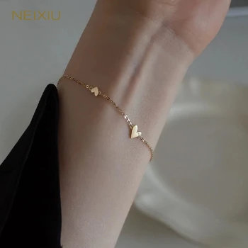 Браслет Neixiu из стерлингового серебра 925 пробы с тремя сердечками из 14-каратного золота для женщин, модный простой темпераментный ювелирный подарок оптом  5