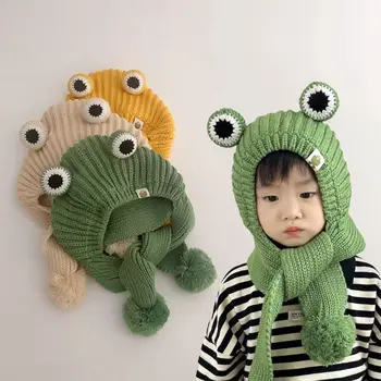 Комплекты детских шарфов-шапочек для защиты ушей, милый плюшевый шарф с изображением лягушки из мультфильма, утолщенная шапочка, мягкая теплая шапочка для шеи 2-8 лет  4
