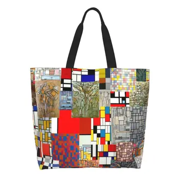 Изготовленный на Заказ Piet Mondrian De Stijl Холщовая Сумка Для Покупок Женская Многоразовая Большая Емкость Бакалейные Товары Абстрактное Искусство Shopper Tote Bag  0
