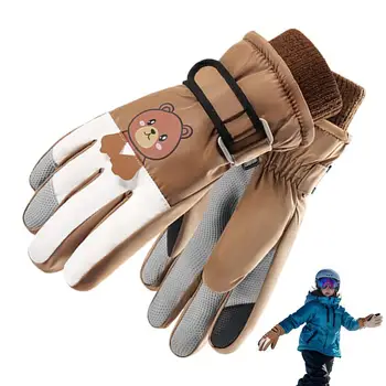 Зимние перчатки для детей, плюшевые нескользящие уличные перчатки, зимние принадлежности с милым мишкой, ветрозащитные велосипедные перчатки для мотоциклов, велосипедов  5