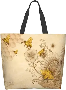 Сумка-тоут с пчелиным винтажным цветком для женщин, сумка через плечо, дорожная многоразовая сумка для покупок, подарки для женщин, сумка для супермаркета для девочек  5