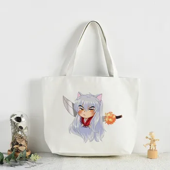 Женская холщовая сумка Inuyasha, эко-сумка для покупок, сумка через плечо для женщин, складная пляжная сумка для покупок  5
