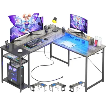 Г-образный письменный стол с Розетками питания и USB-портами, Реверсивный Г-образный Игровой Компьютерный стол со светодиодной подсветкой, 83,5 