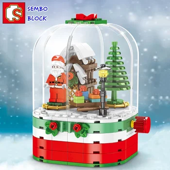 SEMBO BLOCK Рождественская музыкальная шкатулка вращающийся дом модель Kawaii собранные детские игрушки украшение интерьера украшения ручной работы  5