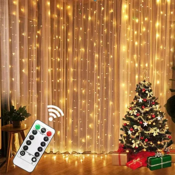 Занавеска, Гирлянда, Светодиодные гирлянды, Фестивальное Рождественское украшение, 8-режимный USB-пульт дистанционного управления, Праздничный свет для спальни, дома, на открытом воздухе  5