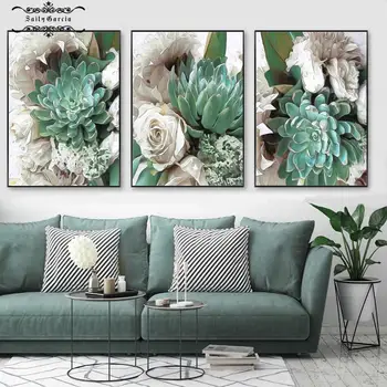 Плакат Cuadros Art Flower на холсте с зелеными пионами и суккулентами, картина с цветочным принтом, настенные панно в скандинавском стиле для декора гостиной  5