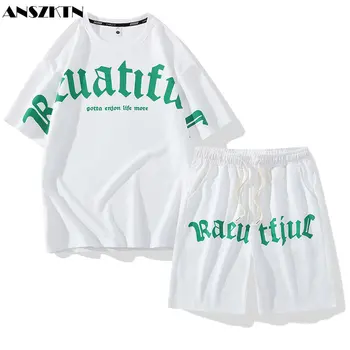 Повседневный спортивный костюм ANZKTN Ice silk, мужские летние тонкие шорты с круглым вырезом и буквами, костюм-футболка с коротким рукавом  5