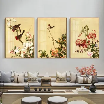 Традиционная китайская живопись Отпечатки на холсте Домашний декор Цветы Пейзажи Абстрактное искусство Птицы на дереве  4