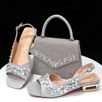 Середины пятки итальянский Новый дизайн, женские нигерийские серебряные сандалии воды Алмаз инкрустированные низком каблуке пляжная вечеринка сумка для обуви набора  5