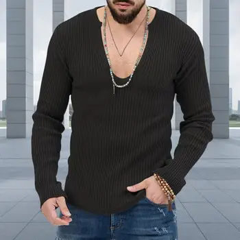 Мужской свитер, нижняя рубашка, стильный мужской свитер с V-образным вырезом, приталенный мягкий вязаный пуловер с длинными рукавами для осени-зимы  4