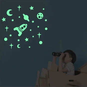 Светящиеся наклейки на стены космического корабля, Луны и звезд для детей, художественные панно для детских комнат, домашний декор, светящиеся в темноте обои из ПВХ  4