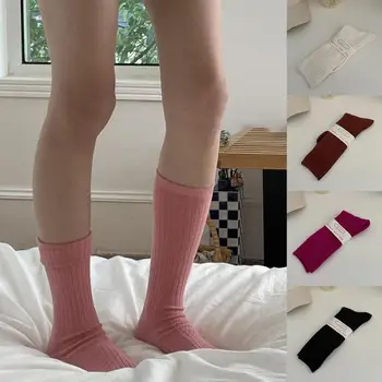 1 Пара толстых женских носков в рубчик средней длины, зимние простые повседневные однотонные спортивные носки  5
