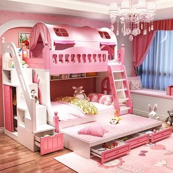 Детская кровать, низкая двухъярусная кровать, кровать принцессы, кровать для матери и ребенка из массива дерева, с перилами на верхней и нижней кроватях  3