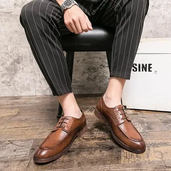 Мужская обувь 2023, Новая летняя повседневная кожаная обувь, мужские деловые официальные туфли-дерби в британском стиле с мягкой подошвой, черные туфли Tide  3