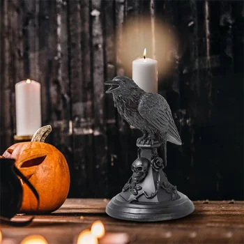 Декоративный подсвечник для черной кошки на Хэллоуин со шляпой ведьмы и метлой - Жуткий подсвечник из смолы для украшения дома  5