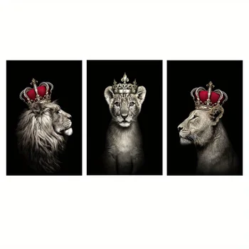 Семейная Картина King Lion, Черно-Белое Настенное Искусство С Животными, Печать Плаката на Холсте для Столовой, Эстетичный Домашний Декор  5