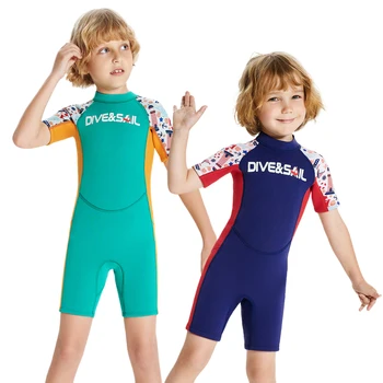 Профессиональные детские купальники из неопрена для мальчиков, красочный гидрокостюм для дайвинга, короткие рукава, плотный купальник для пляжного серфинга  1