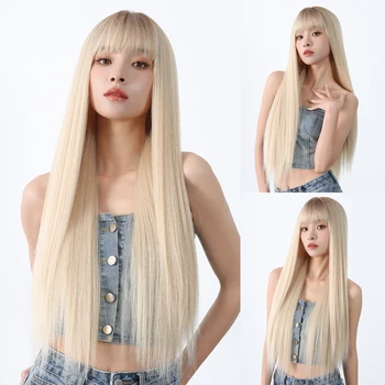 Длинные прямые синтетические парики из платиновой блондинки с челкой, натурально выглядящие волосы для белых женщин, повседневный косплей из термостойкого волокна  3