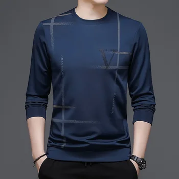 Весенне-осенний мужской пуловер с круглым вырезом и буквенным принтом, Однотонные яркие линии, футболки с длинными рукавами, топы  4