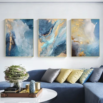 Роскошная синяя золотая фольга, современная живопись на холсте, плакаты и абстрактные настенные рисунки для гостиной, украшения дома.  5