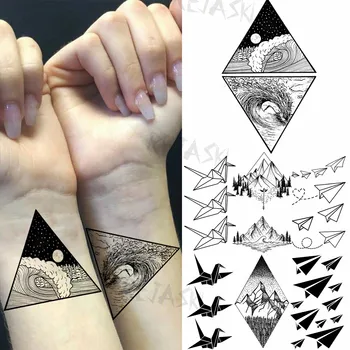 Временные татуировки на запястье Geometry Mountain Sea Для женщин, взрослых, Бумажный журавль, самолет, поддельная татуировка, модные водонепроницаемые татуировки, наклейка  5