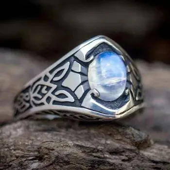 Геометрическое овальное кольцо с лунным камнем для мужчин и женщин, кольцо с винтажным рисунком в стиле панк  5