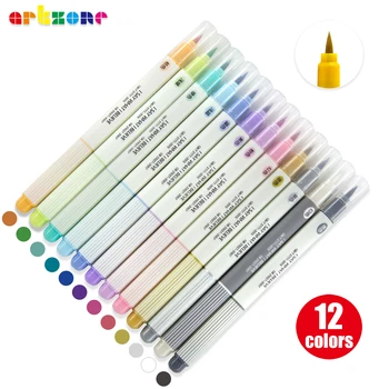 12 цветов, мягкая кисть, цветные художественные маркеры с металлическим блеском, кончик кисти, ручка для рисования, надписи, каллиграфия  5