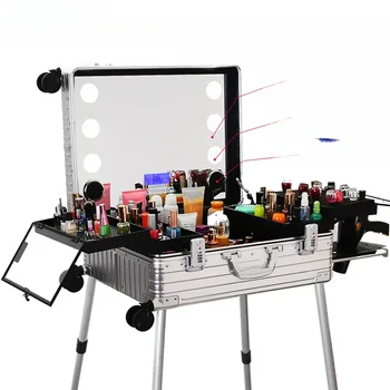 Профессиональная косметичка из алюминиево-магниевого сплава, чемодан, подставка для зеркала с подсветкой, тележка, сменный набор инструментов, 24 дюйма  4